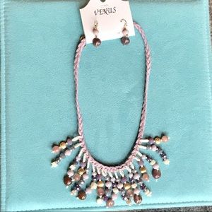 Purple beaded, faux leather braided necklace set